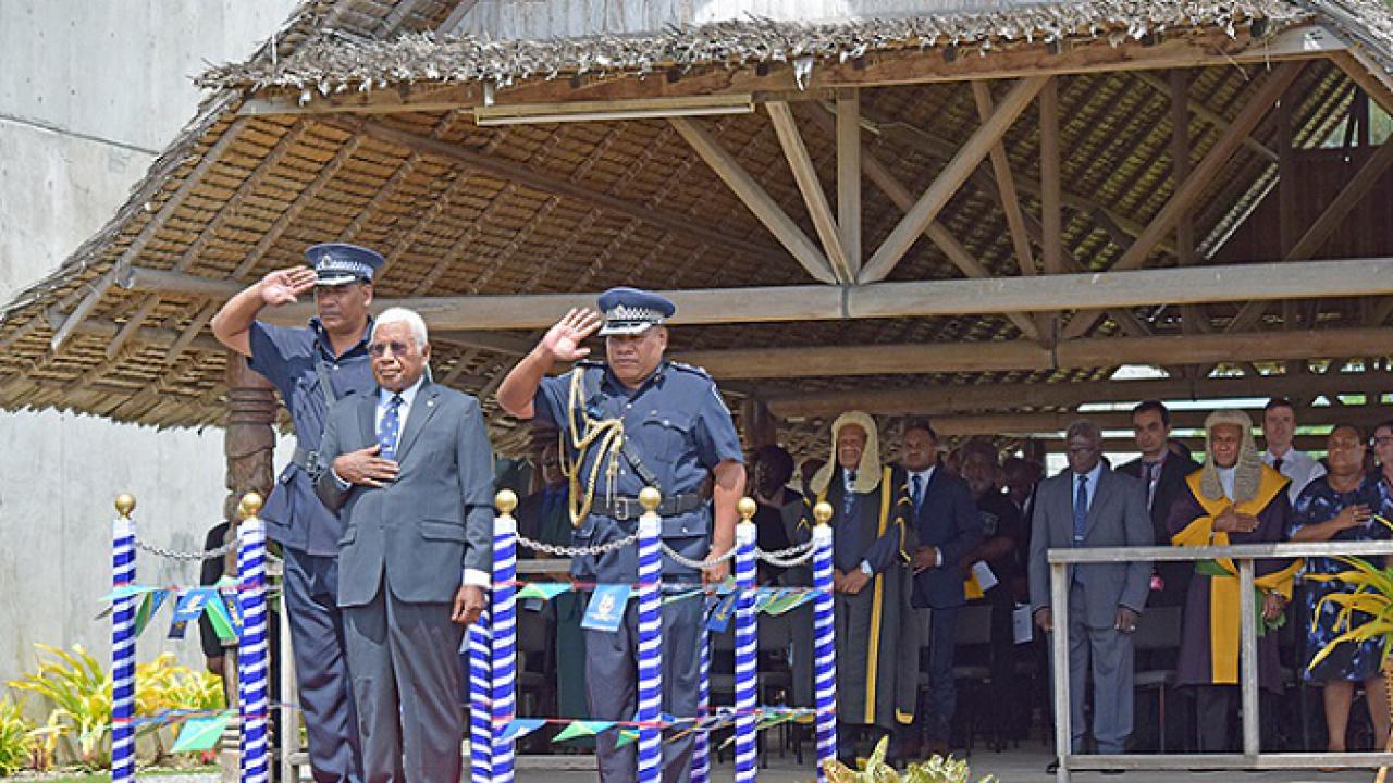 ​​​​​​​His Excellency the Governor General, the Rt Reverend Sir. David Vunagi during the national anthem at National Parliament.