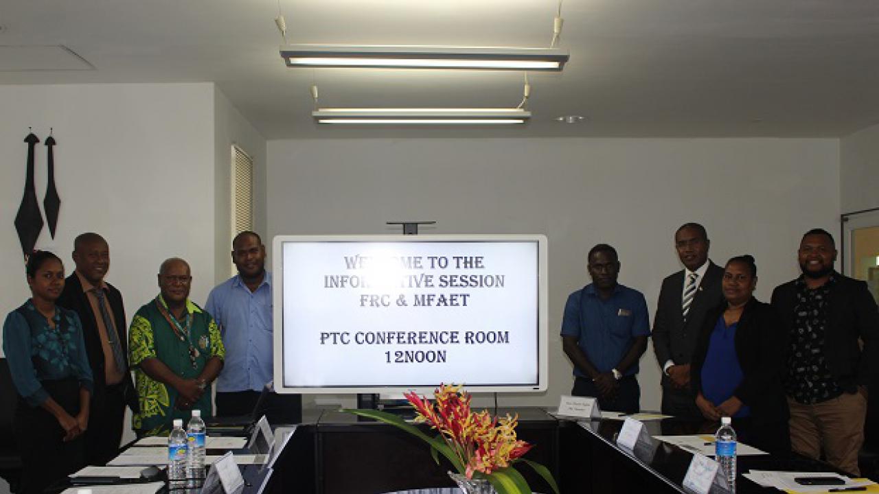 Chairman of the Foreign Relations Committee (FRC), Hon. Peter Kenilorea (Jnr) third from right, FRC Committee Members & Secretariat and representatives from the Department of External Trade, Ministry of Foreign Affairs poses for a photo before the deliberations. ​​​​​